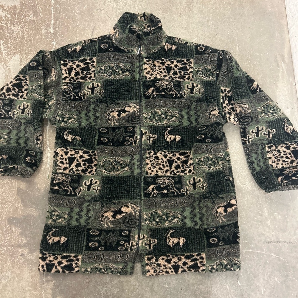 Vintage 90s Yukon Fleece Jacket in Green and Brown western horse cactus motif